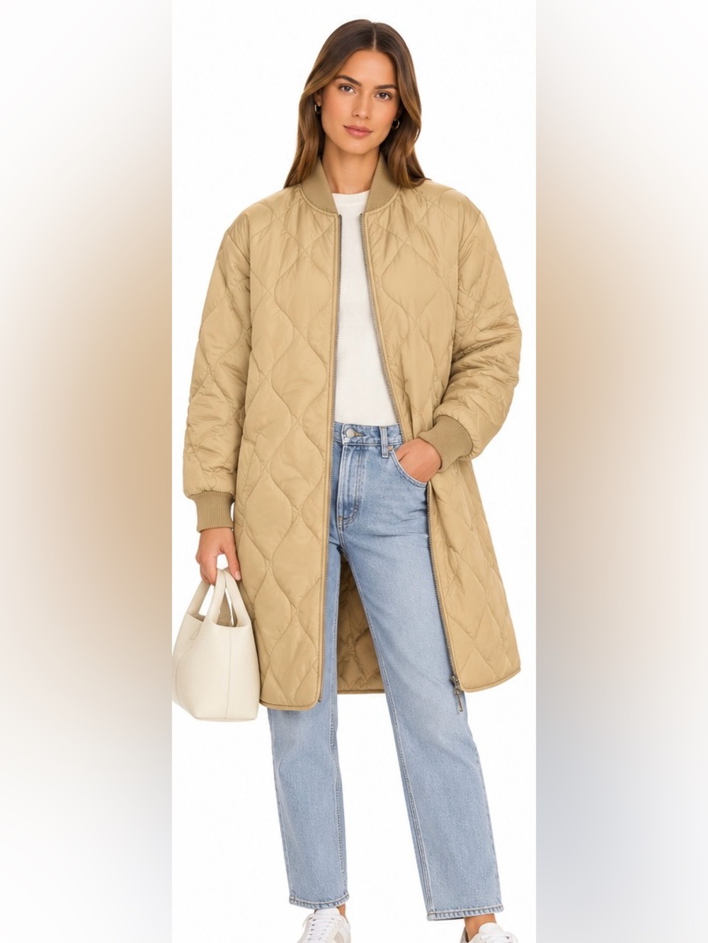 Everlane ReNew Quilted Longline Bomber Jacket Beige Size Small